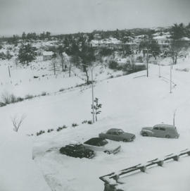 View of Municipal Hall parking lot in 1969 snowstorm