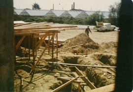 Construction of Municipal Hall front steps looking towards greenhouses