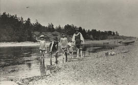 The Whitehead family wading at Esquimalt Lagoon, 1930s