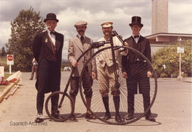 Pennyfarthing bicycle race participants at Saanich 75th anniversary, 1981