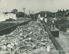 Crushed cans near recycling depot, ca. 1970