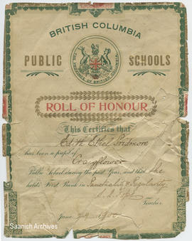 British Columbia Public Schools Roll of Honour certificate for Edith Ethel Pridmore, Craigflower School