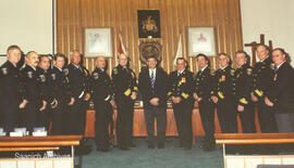 Saanich Fire Department long service awards in the Saanich Council Chambers, ca. 2002 (Mayor Leonard and Fire Chief Ron Cullis)